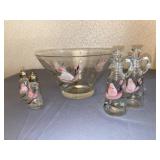 Paint Decorated Serving Bowl w/ Bottles & Shakers