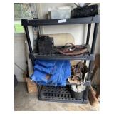 Plastic Storage Shelf, Tarp, Battery Charger, etc.