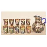Fenton Enameled Carnival Glass Pitcher & Cups