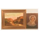 19th C. Oil on Canvas Portrait and Landscape Scene