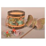 Lithographed Tin Toys Incl. Santa, Drum, Butterfly