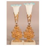 Art Glass/Cast Flower Baskets w/ Marble Base Vases