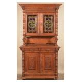 Jacobean Oak Cupboard, Carved Lions & Leaded Glass