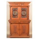 Jacobean Oak Court Cupboard w/ Stained Glass