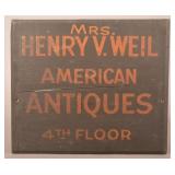 Manheim "Mrs Henry V. Weil Antiques" Trade Sign