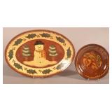 Ned Foltz Christmas Snowman Redware Platter & Bowl