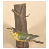 Carved Wood Polychrome-Painted Bird on Branch