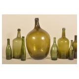 Group of Antique Green Demijohn Bottles & Others