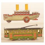 Antique German Tin Penny Toy Steamboat & Trolley