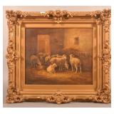 19th C. Oil on Canvas Sheep Feeding At The Trough