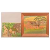 2 Folk Art Oil Paintings Incl. Ephrata Cloister