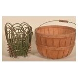 Bail-Handled Wood Apple Basket & Twig Stand
