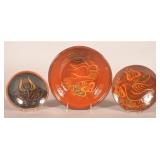 Ned Foltz Redware Bowl and Slip-Decorated Plates