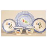 Antique Tulip Spatterware Cups, Saucers & Peafowl