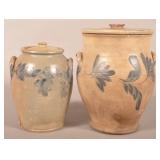 2 Early Freehand-Decorated Crocks with Lids