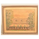 Folk Art Mennonite Watercolor of Lancaster Barn