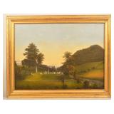 19thc Oil on Canvas Pennsylvania Graveyard Scene