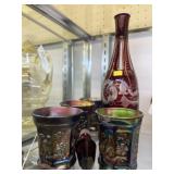 (4) Carnival Glass Mugs with Decanter Bottle