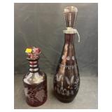 (2) Ruby Etched Decanter Bottles