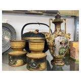 Sewing Basket with Turned Wood Candlesticks, etc.