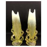 (2) Vaseline Glass Corn Pattern Vases