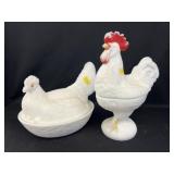 Milk Glass Rooster and Hen On Nest