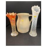Stoneware Pitcher with 2 Art Glass Vases