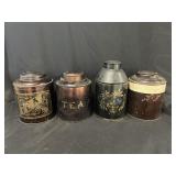 4 Antique Tin Toleware Decorated Spice Containers
