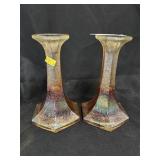 Pair of Marigold Iridescent Glass Candlesticks