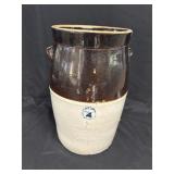 Brown and White Stoneware Churn