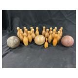 Vintage Wood Bocce Balls, Child's Ten Pins & Ball