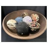 Antique Turned Wood Bowl w/Rag Balls