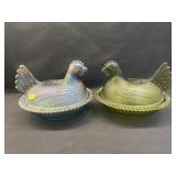 (2) Glass Hen On Nests