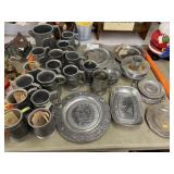 Pewter Mugs, Pitcher and Decorative Plates