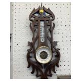 Wood Carved Thermometer w/ Barometer Wall Hanging