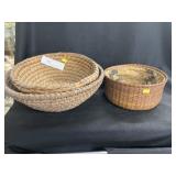 (2) Rye Straw Woven Bowls with Sewing Basket