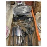 Silverplate Utensils and Platter, Pewter Plates