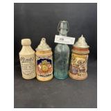 German Beer Steins with Brewery Bottles