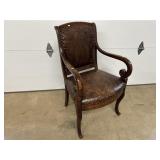 Scrolled-Arm Mahogany Leather Upholstered Armchair