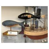 (2) Carved Wood Fish, Pressed Steel Boat