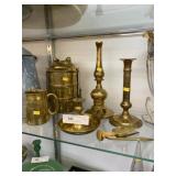 Brass Candlesticks, Mug & Storage Canister
