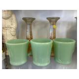 (3) Jadite Mugs & Carnival Candlesticks