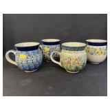 4 Handpainted Polish Pottery Mugs