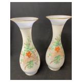 Pair of Blown Floral & Bird Dec. Opaque Vases