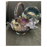 Carnival Glass Feather Basket & Shallow Plate