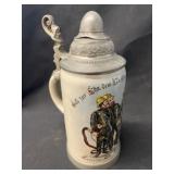 German Stoneware Stein w/ Fireman Deco.