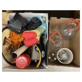 (2) Boxes of Glass Water Bottles, Thermos, Tray