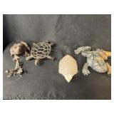 2 Cast Iron Frogs Turtle Trivet, Alabaster Turtle