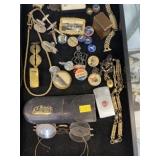 Tray w/ Various Pins, Eye Spectacles, Watches, et.