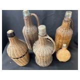 5 Vintage Wicker Covered Bottles